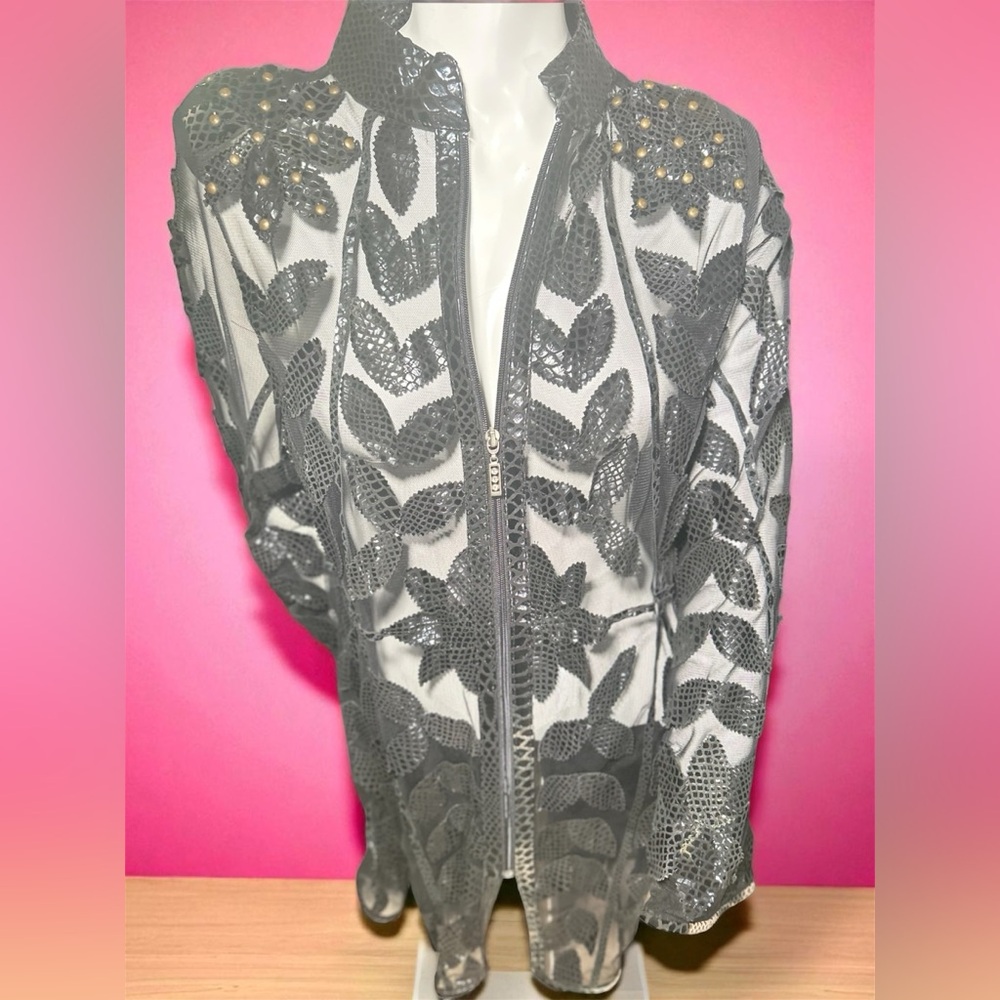 Black Leather Jacket with Ornate Embroidery